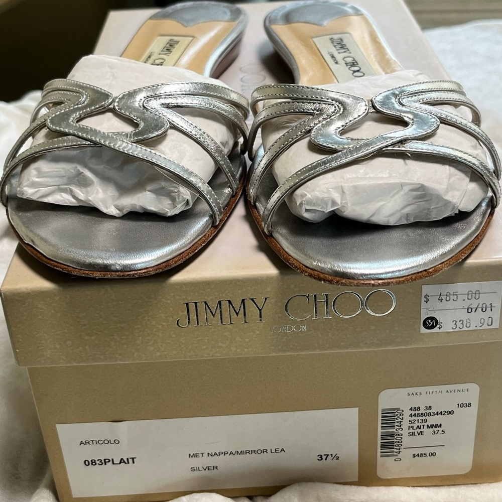 Jimmy Choo slides sandals 37.5 in metallic silver leather